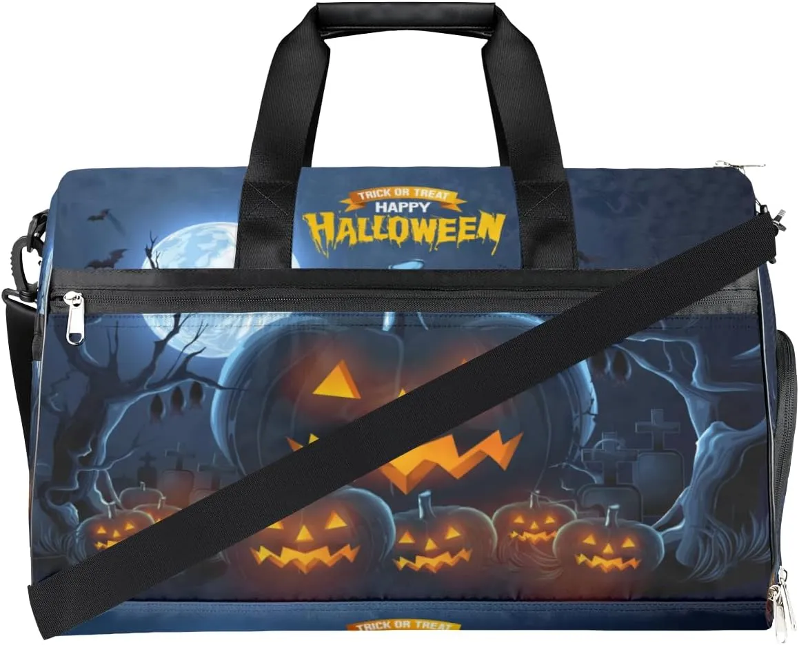 Halloween Pumpkin Sports Gym Bag for Women Men Travel Duffel Bag with Wet Pocket & Shoes Compartment Waterproof Weekender Overnight Tote Carry on Bag Lightweight