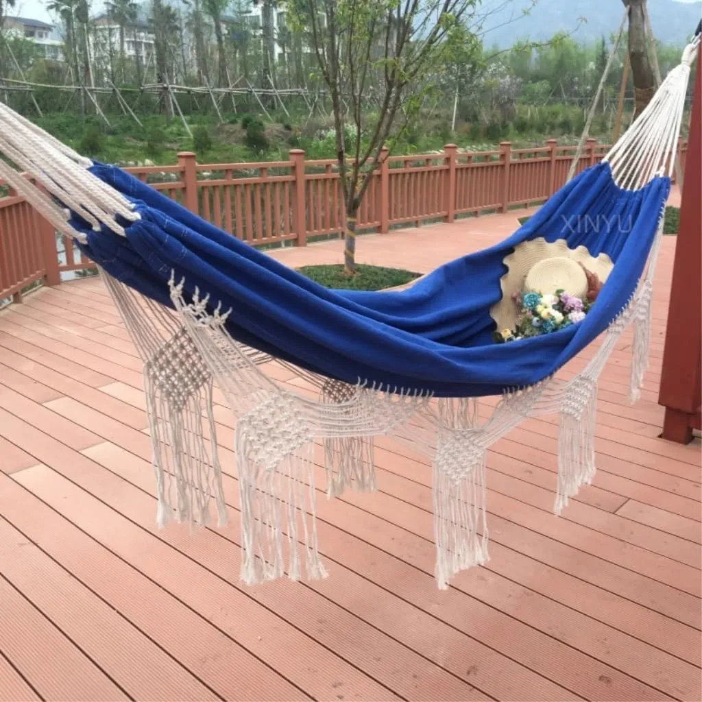 Hamock Outdoor Tassel Canvas Hammock Camping Beach Enlarged Double Swing Bohemian Outdoor Supplies Hanging Chair Hanmock(Blue)