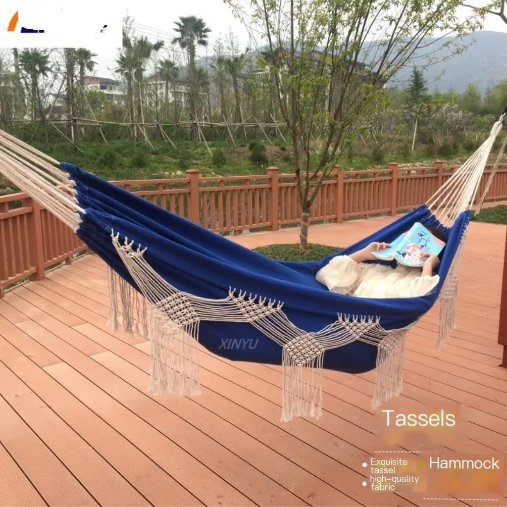 Hamock Outdoor Tassel Canvas Hammock Camping Beach Enlarged Double Swing Bohemian Outdoor Supplies Hanging Chair Hanmock(Blue)