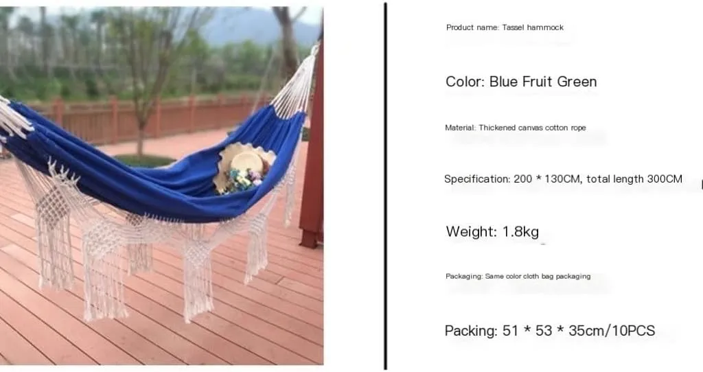 Hamock Outdoor Tassel Canvas Hammock Camping Beach Enlarged Double Swing Bohemian Outdoor Supplies Hanging Chair Hanmock(Blue)