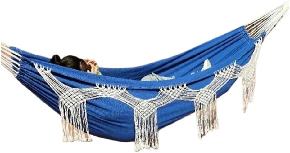 Hamock Outdoor Tassel Canvas Hammock Camping Beach Enlarged Double Swing Bohemian Outdoor Supplies Hanging Chair Hanmock(Blue)