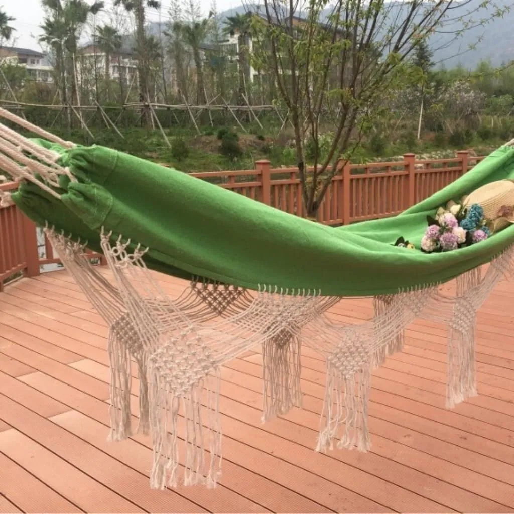 Hamock Outdoor Tassel Canvas Hammock Camping Beach Enlarged Double Swing Bohemian Outdoor Supplies Hanging Chair Hanmock(Blue)