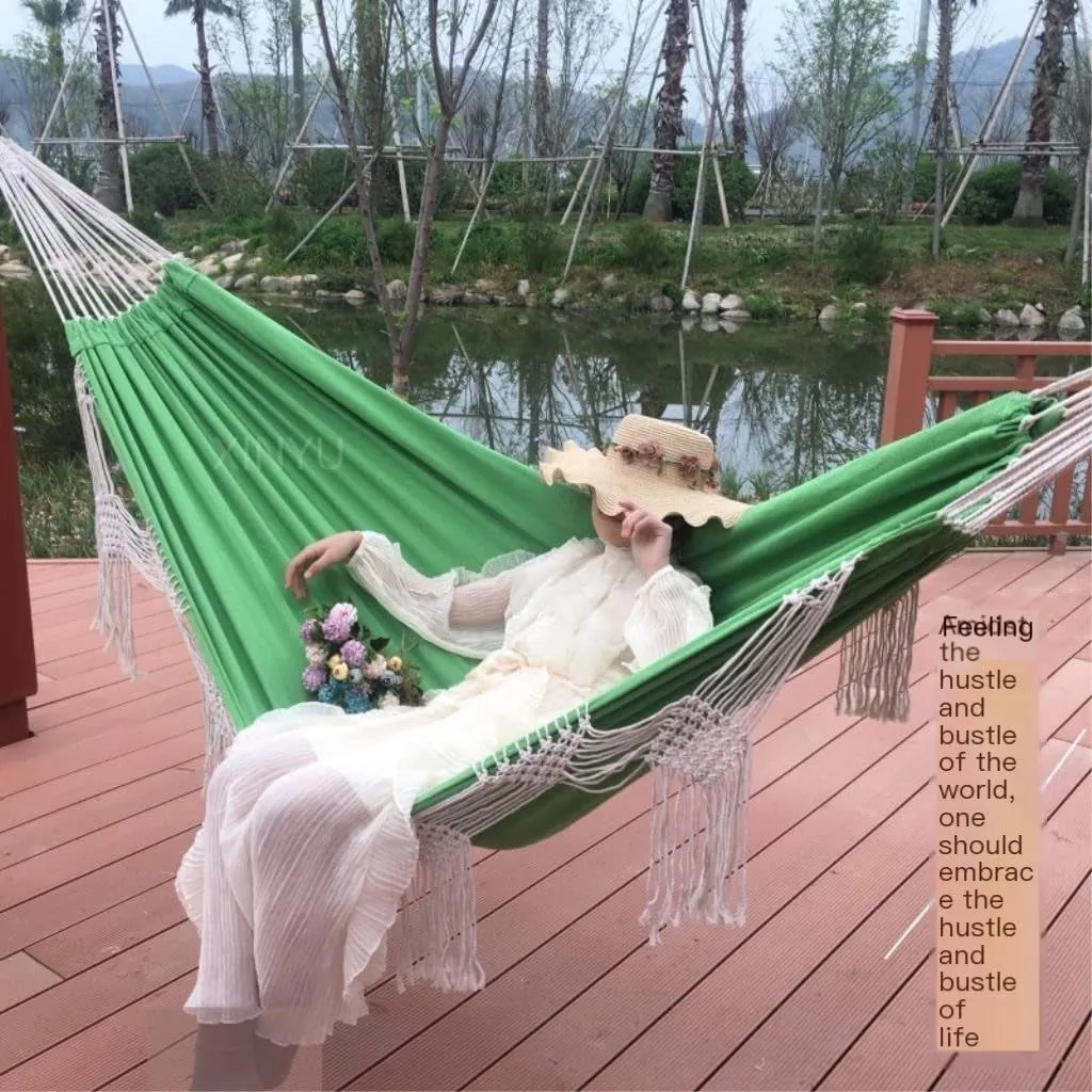 Hamock Outdoor Tassel Canvas Hammock Camping Beach Enlarged Double Swing Bohemian Outdoor Supplies Hanging Chair Hanmock(Blue)