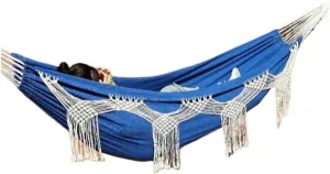 Hamock Outdoor Tassel Canvas Hammock Camping Beach Enlarged Double Swing Bohemian Outdoor Supplies Hanging Chair Hanmock(Blue)