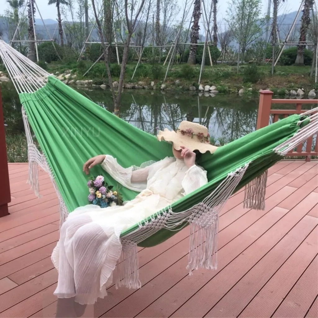 Hamock Outdoor Tassel Canvas Hammock Camping Beach Enlarged Double Swing Bohemian Outdoor Supplies Hanging Chair Hanmock(Blue)