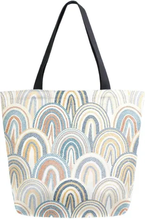 Hand Drawn Abstract Boho Rainbow Canvas Tote Bag for Women with Zipper Pocket Reusable Grocery Shopping Bags Large Travel Shoulder Bag Handbag Bags