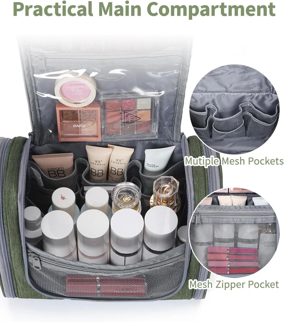 Hanging Toiletry Bag for Women Travel Makeup Bag Organizer Toiletries Bag Men for Cosmetics Essentials Accessories (Large, Army Green)