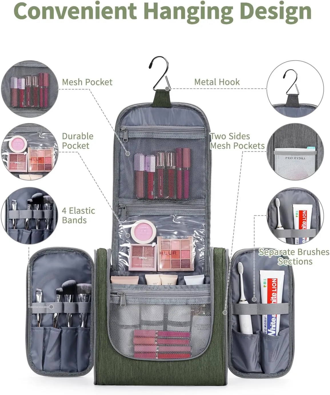 Hanging Toiletry Bag for Women Travel Makeup Bag Organizer Toiletries Bag Men for Cosmetics Essentials Accessories (Large, Army Green)