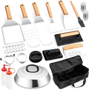 HaSteeL 18/10 Griddle Accessories Kit, Flat Top Grilling Accessory Set of 26, Great for Outdoor & Indoor Teppanyaki BBQ Cooking Camping, Metal Spatulas with Wooden Handle, Melting Dome, Burger Press