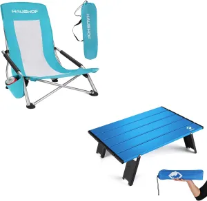 HAUSHOF High Back Beach Chair, Mesh Back Folding Chair and VILLEY Portable Mini Folding Beach Table