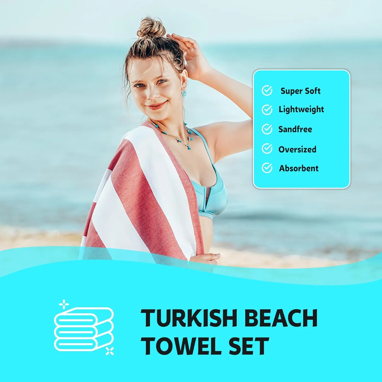 HAVLULAND Turkish Beach Towel Set of 6 - Sand Free - 100% Organic Oversized Turkish Towel - Quick Dry Towels for Beach, Picnic, Blanket or Bath Towel - Lightweight Towels for Travel, Camping & Pool