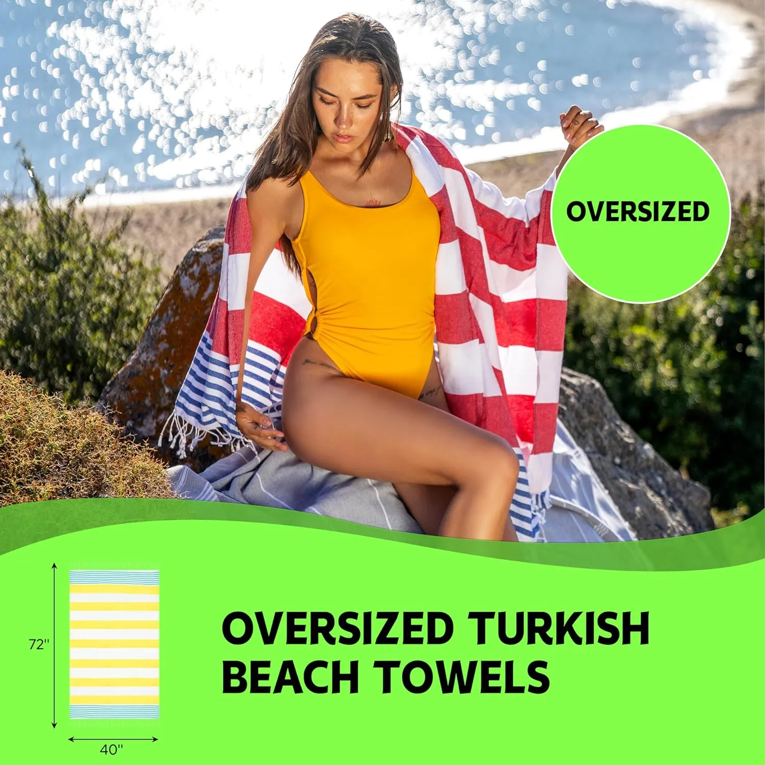HAVLULAND Turkish Beach Towel Set of 6 - Sand Free - 100% Organic Oversized Turkish Towel - Quick Dry Towels for Beach, Picnic, Blanket or Bath Towel - Lightweight Towels for Travel, Camping & Pool
