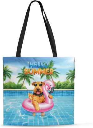 Hello Summer Dog at Swimming Pool Flamingo Swim Ring Canvas Tote Bag Reusable Shopping Grocery Bag