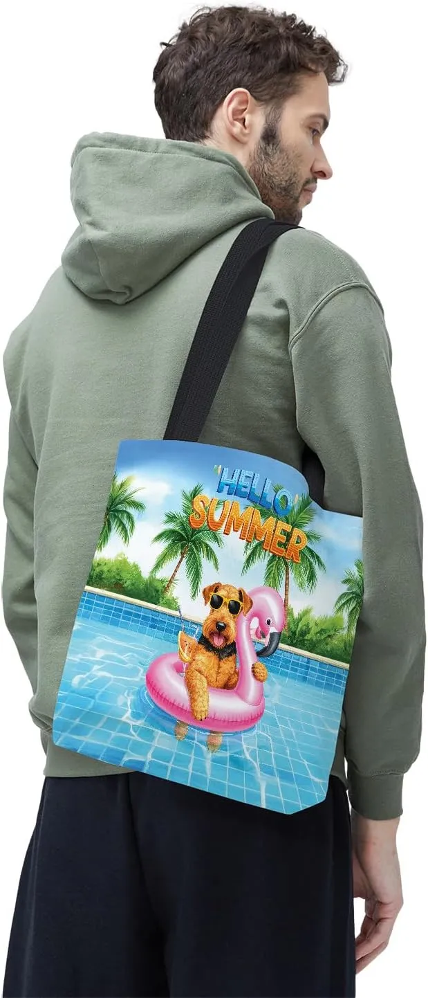 Hello Summer Dog at Swimming Pool Flamingo Swim Ring Canvas Tote Bag Reusable Shopping Grocery Bag