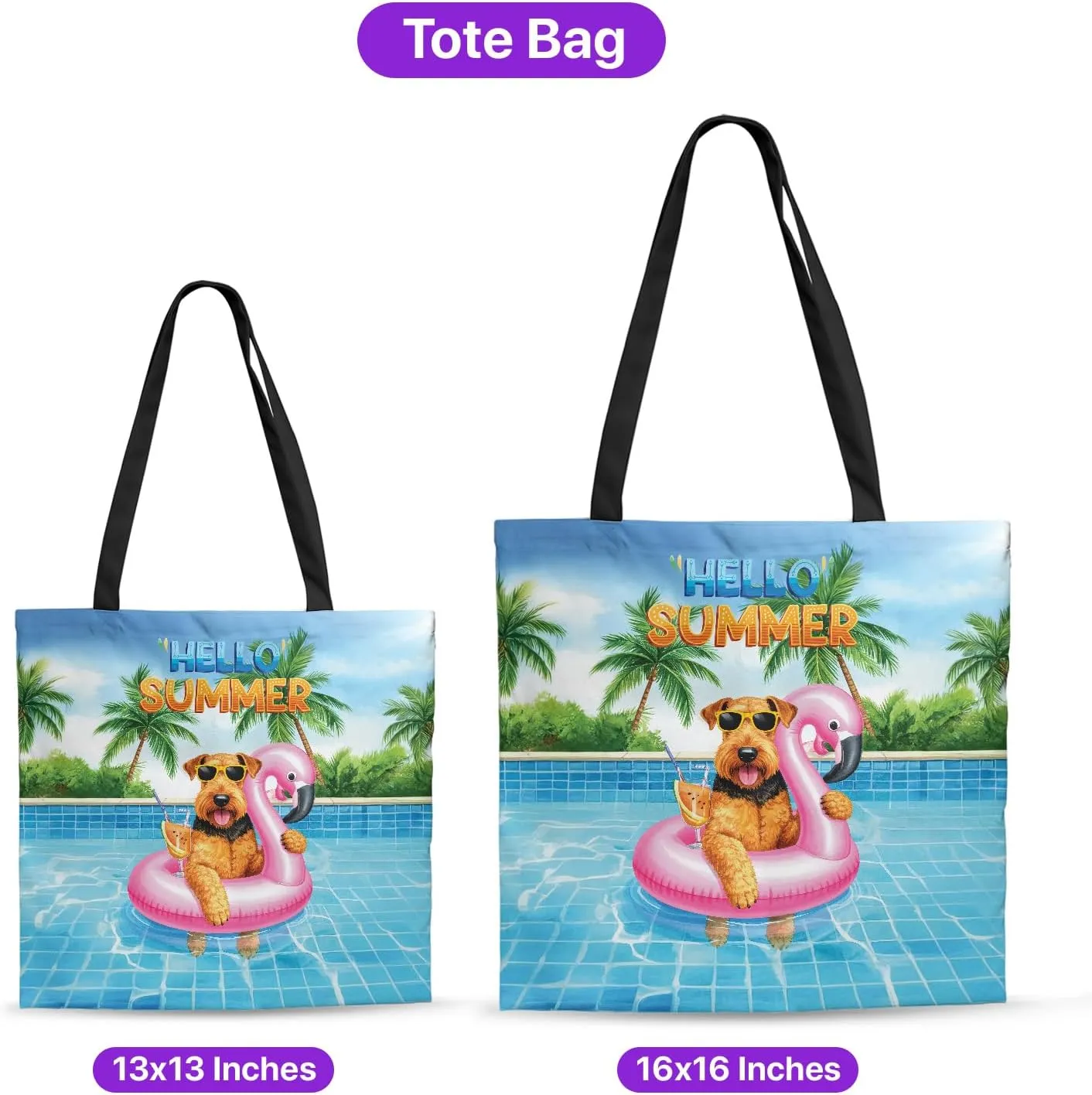Hello Summer Dog at Swimming Pool Flamingo Swim Ring Canvas Tote Bag Reusable Shopping Grocery Bag
