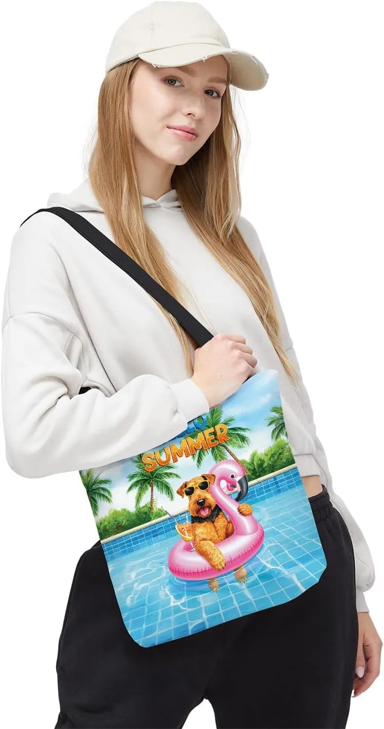 Hello Summer Dog at Swimming Pool Flamingo Swim Ring Canvas Tote Bag Reusable Shopping Grocery Bag