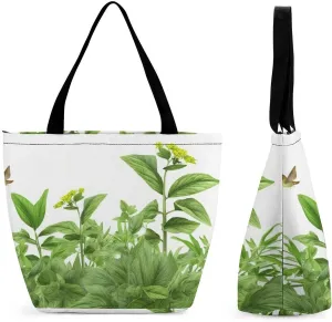 Herb Plant Leaves Bag for Women Tote Bag with Zipper Handbag for Travel Work Grocery Bag Shopping Bag