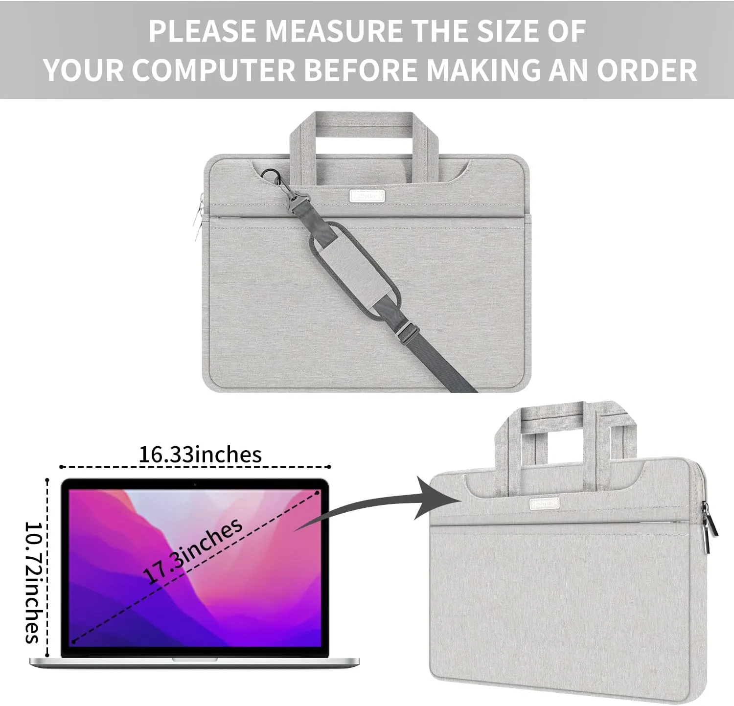 HESTECH 17 Inch Laptop Sleeve Shoulder Bag compatible with Apple MacBook Pro and more, Gray