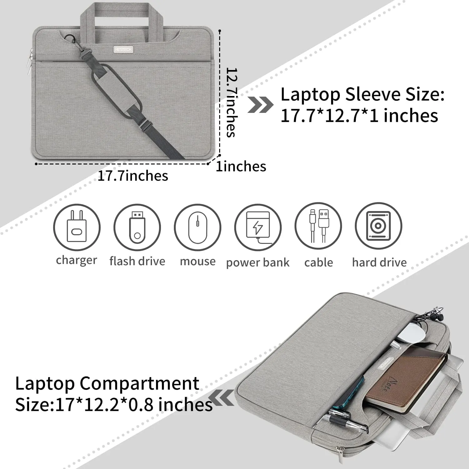 HESTECH 17 Inch Laptop Sleeve Shoulder Bag compatible with Apple MacBook Pro and more, Gray