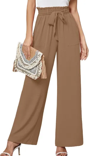 Heymoments Women's Wide Leg Lounge Pants with Pockets Lightweight High Waisted Palazzo Adjustable Tie Knot Flowy Trousers