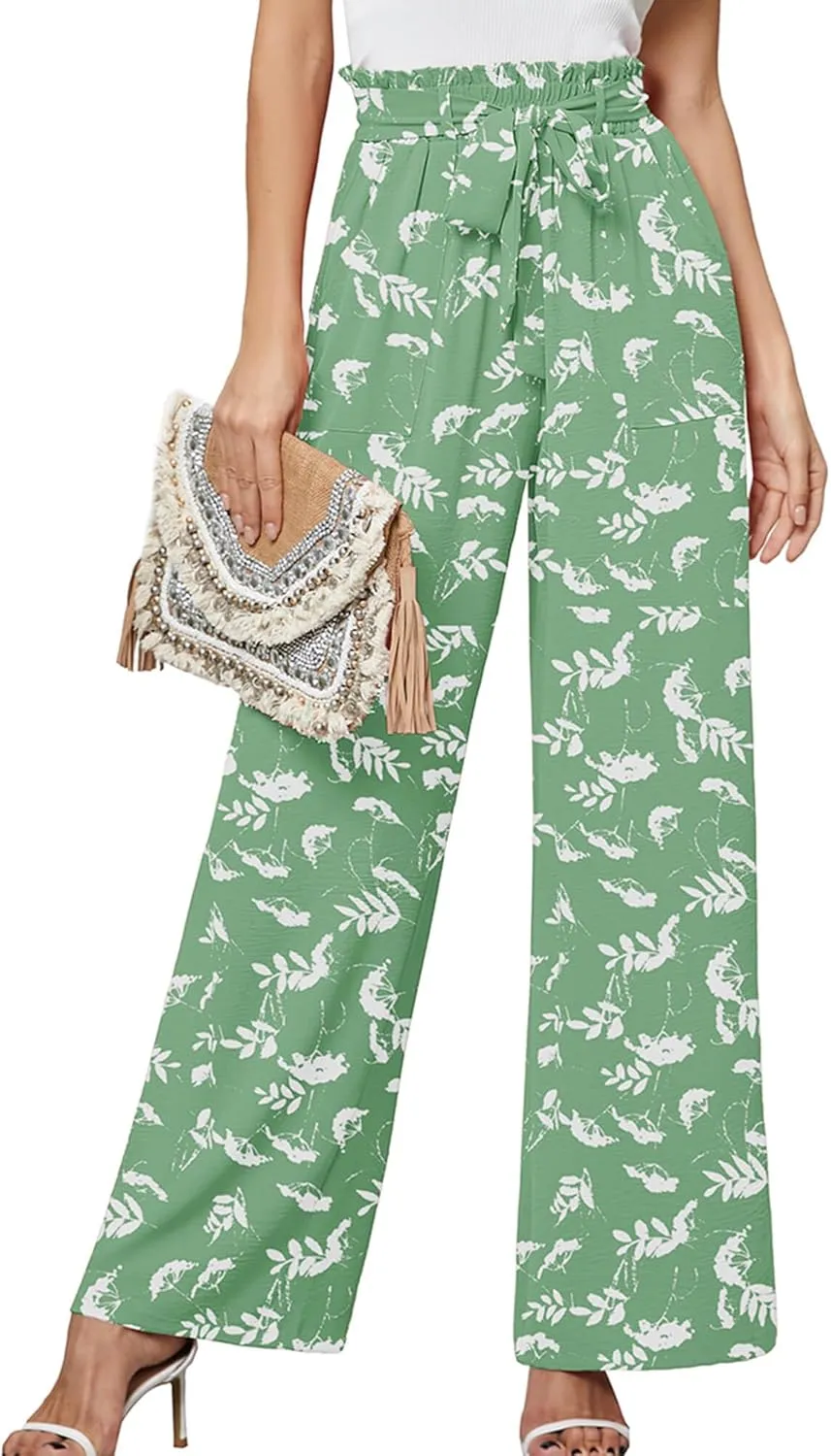 Heymoments Women's Wide Leg Lounge Pants with Pockets Lightweight High Waisted Palazzo Adjustable Tie Knot Flowy Trousers
