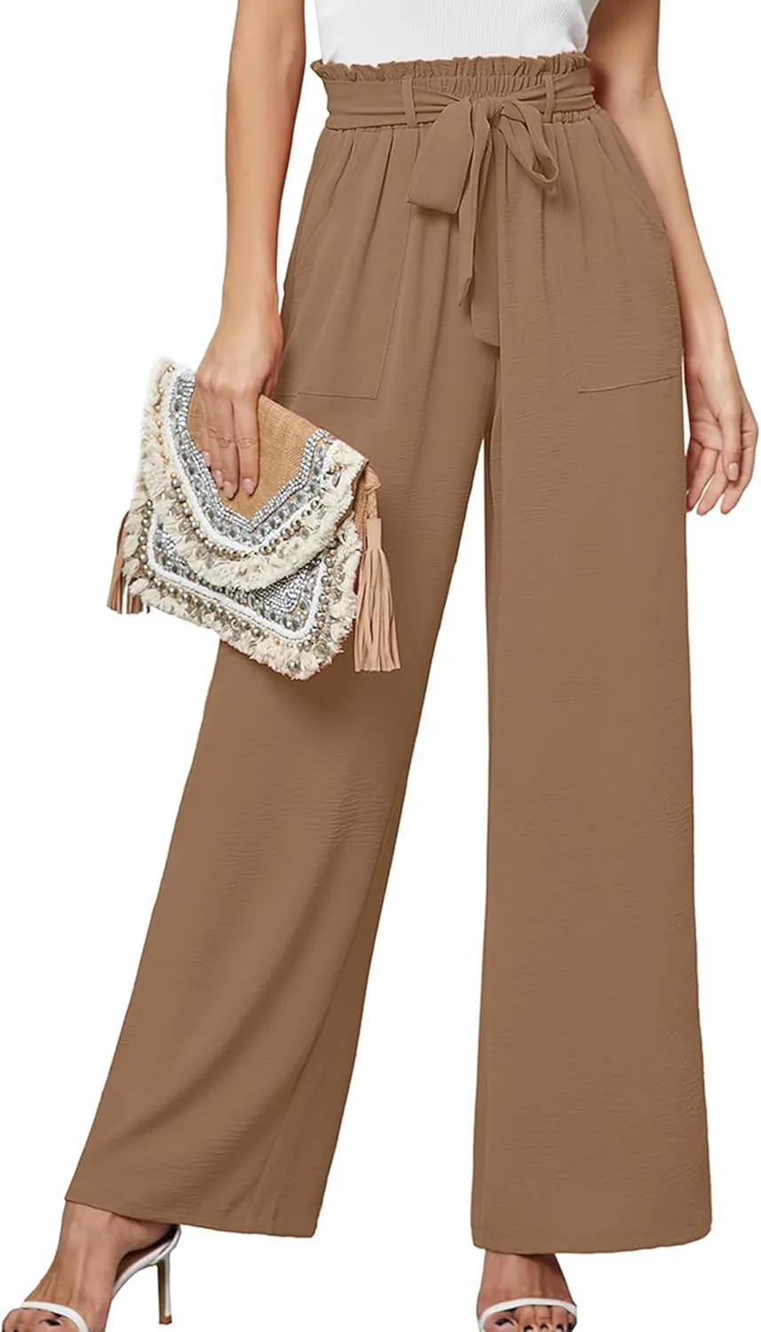 Heymoments Women's Wide Leg Lounge Pants with Pockets Lightweight High Waisted Palazzo Adjustable Tie Knot Flowy Trousers