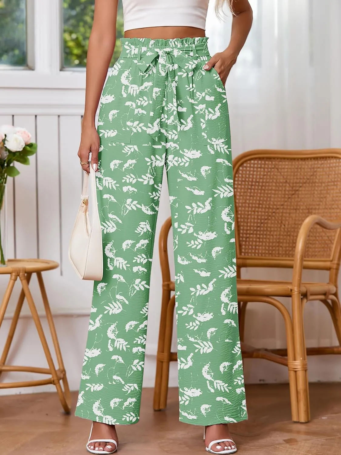 Heymoments Women's Wide Leg Lounge Pants with Pockets Lightweight High Waisted Palazzo Adjustable Tie Knot Flowy Trousers