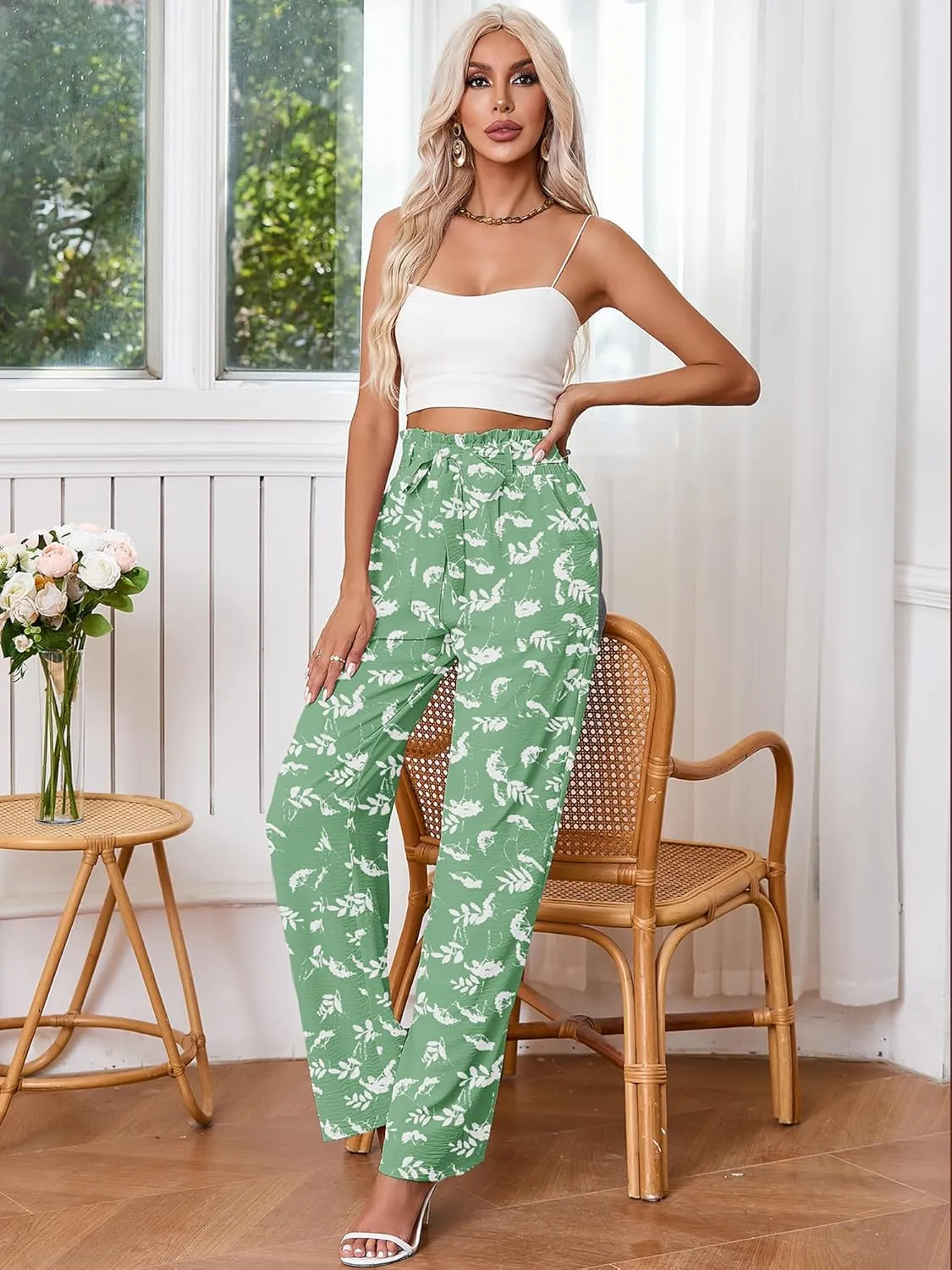 Heymoments Women's Wide Leg Lounge Pants with Pockets Lightweight High Waisted Palazzo Adjustable Tie Knot Flowy Trousers
