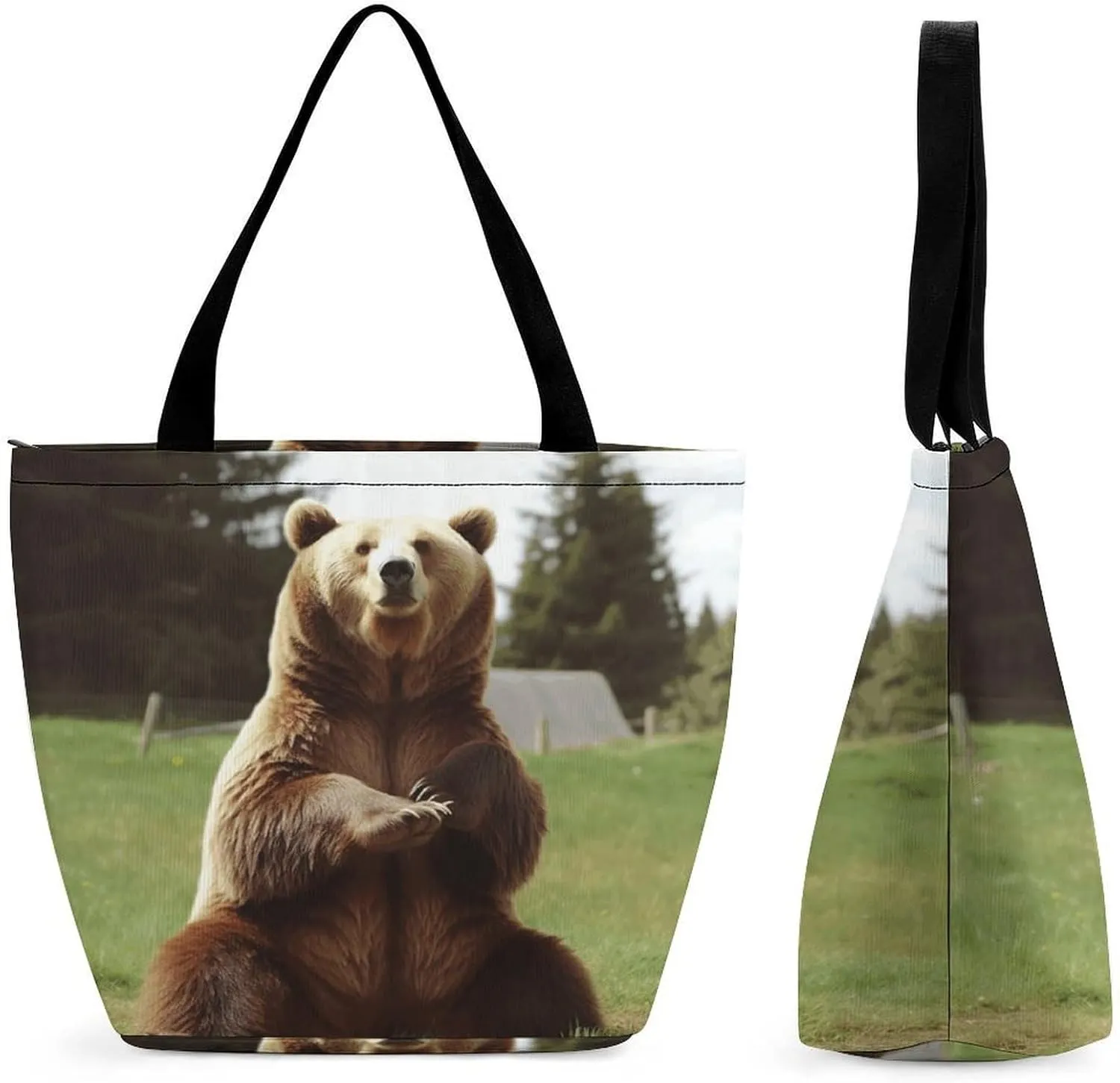 Hi Bear Sit on The Lawn Bag for Women Tote Bag with Zipper Handbag for Travel Work Grocery Bag Shopping Bag