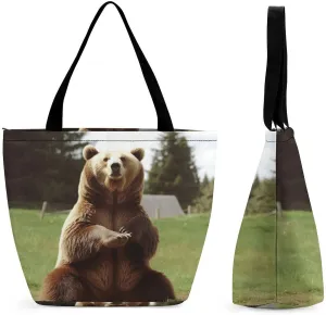 Hi Bear Sit on The Lawn Bag for Women Tote Bag with Zipper Handbag for Travel Work Grocery Bag Shopping Bag