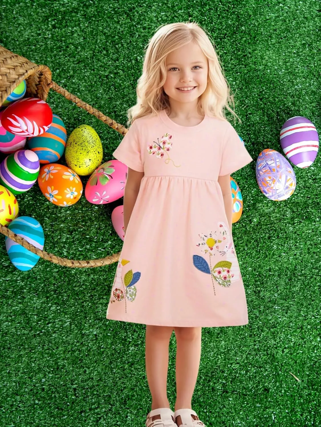 HILEELANG Toddler Girl Short Sleeve Dress Cotton Casual Spring Summer Easter Applique Playwear Dresse Size 2-8 Yeras