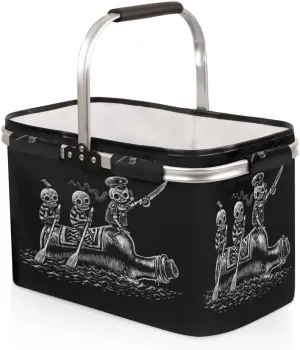 Hippie Sea Voyage Skull Sailors Folding Picnic Basket Large Collapsible Market Basket Aluminum Frame Cute Shopping Baskets Reusable Travel Camping Grocery Bags