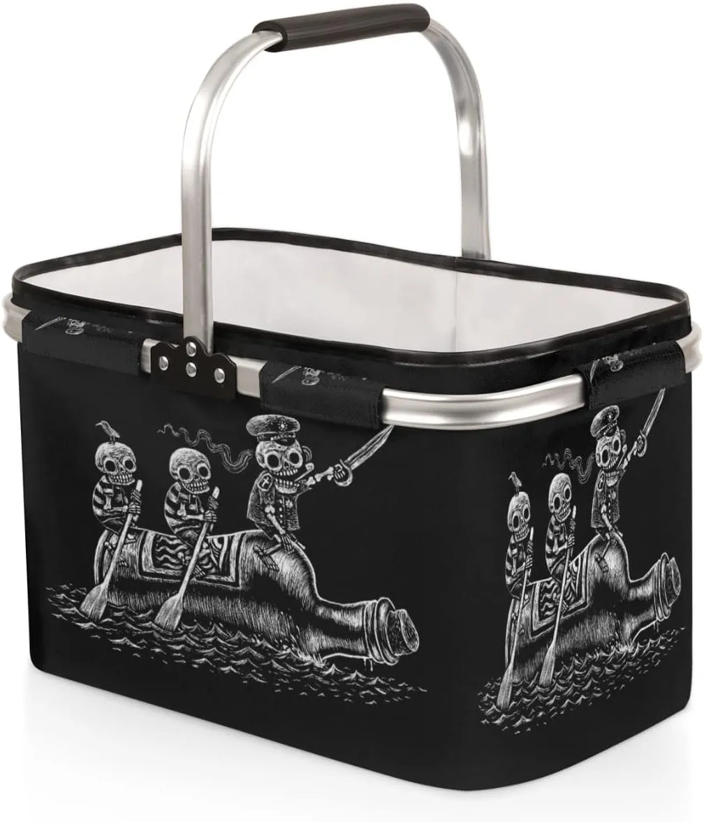 Hippie Sea Voyage Skull Sailors Folding Picnic Basket Large Collapsible Market Basket Aluminum Frame Cute Shopping Baskets Reusable Travel Camping Grocery Bags