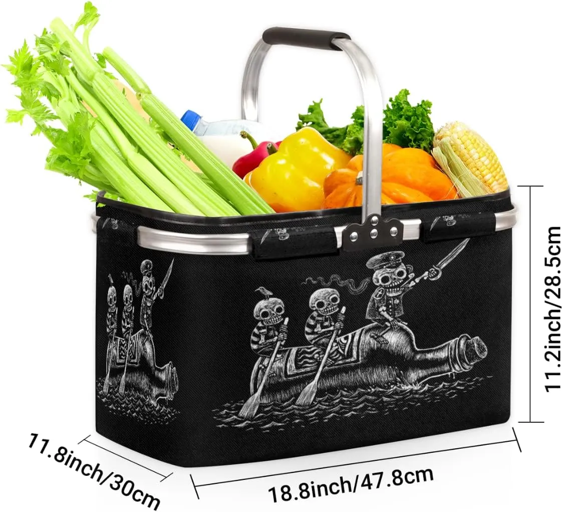 Hippie Sea Voyage Skull Sailors Folding Picnic Basket Large Collapsible Market Basket Aluminum Frame Cute Shopping Baskets Reusable Travel Camping Grocery Bags