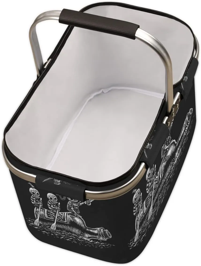 Hippie Sea Voyage Skull Sailors Folding Picnic Basket Large Collapsible Market Basket Aluminum Frame Cute Shopping Baskets Reusable Travel Camping Grocery Bags