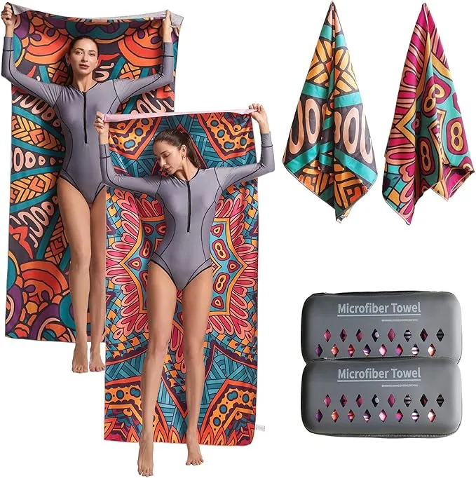 Hiturbo 2 Pack Microfiber Beach Towels,(71"x35") Oversized Sand Free Travel Towels Fast Drying Swimming Towel, Lightweight Compact Camping Towel Super Absorbent Pool Towel