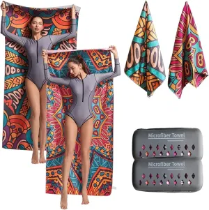 Hiturbo 2 Pack Microfiber Beach Towels,(71"x35") Oversized Sand Free Travel Towels Fast Drying Swimming Towel, Lightweight Compact Camping Towel Super Absorbent Pool Towel