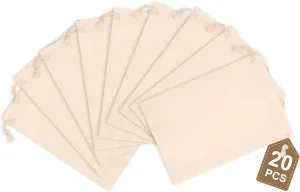 Hopttreely 20PCS Cotton Reusable Produce Bags, 4X6inch Muslin Bags with Drawstrings for Shopping & Storage, 100% Natural Cotton, Biodegradable Linen