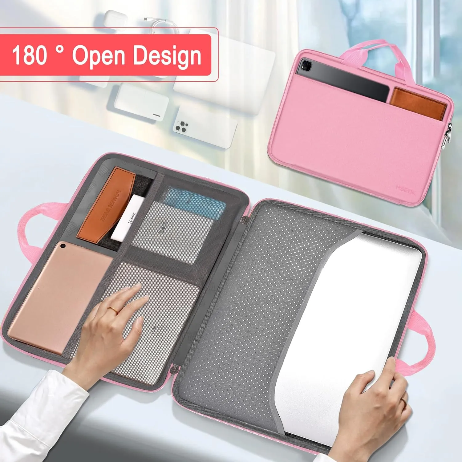 Hseok Laptop Case 13.3-14 inch Briefcase Handbag, Water-Resistant and Shockproof Computer Sleeve Compatible with MacBook Pro 14", Mac Air/Pro 13.3" and 13"-14" Notebooks Chromebooks,Pink