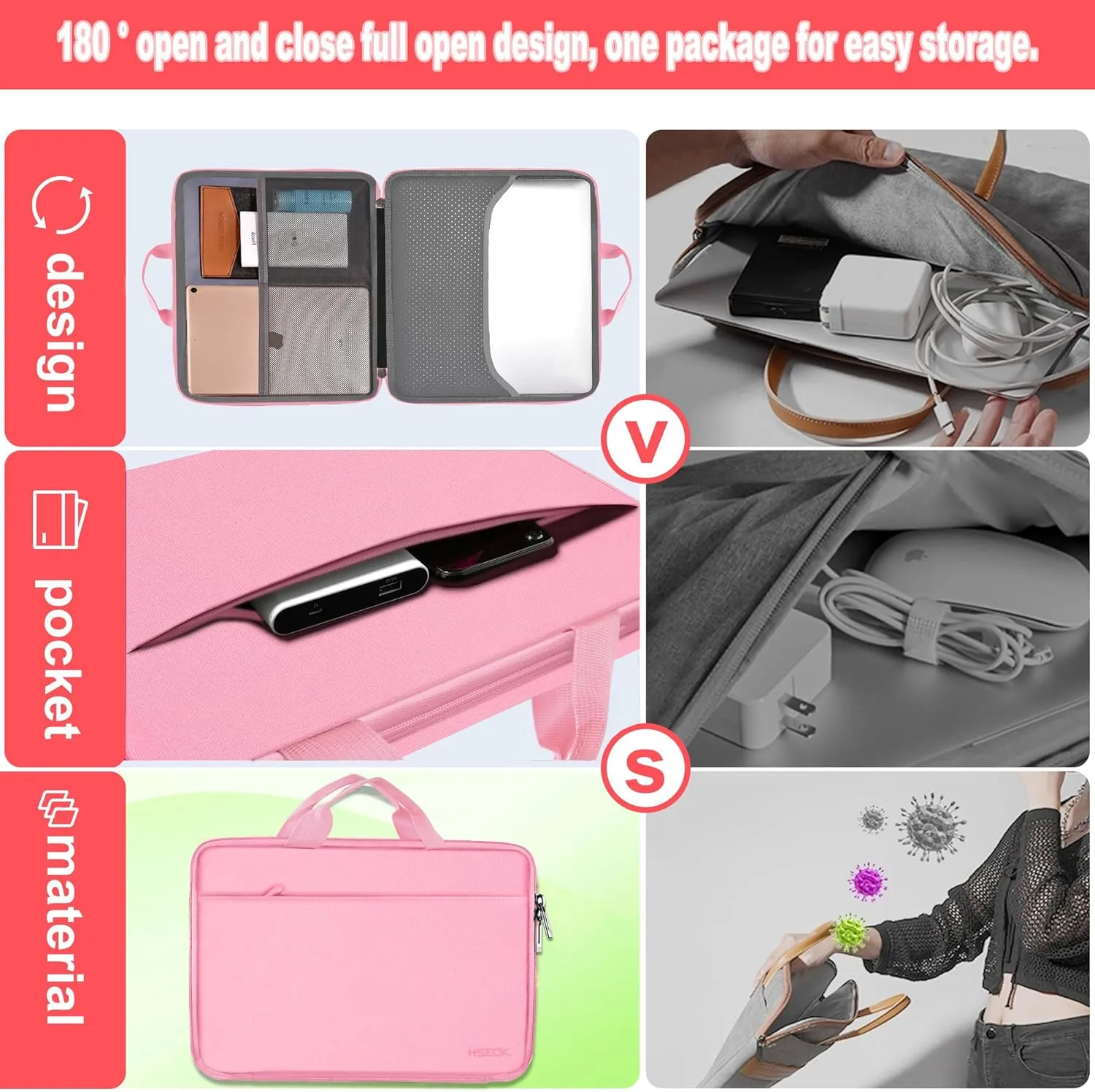 Hseok Laptop Case 13.3-14 inch Briefcase Handbag, Water-Resistant and Shockproof Computer Sleeve Compatible with MacBook Pro 14", Mac Air/Pro 13.3" and 13"-14" Notebooks Chromebooks,Pink