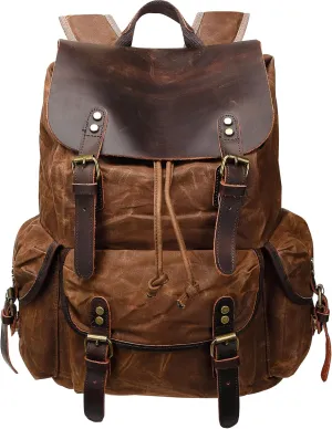 HuaChen Leather Backpack for Men,Waxed Canvas Shoulder Rucksack for Travel Laptop School