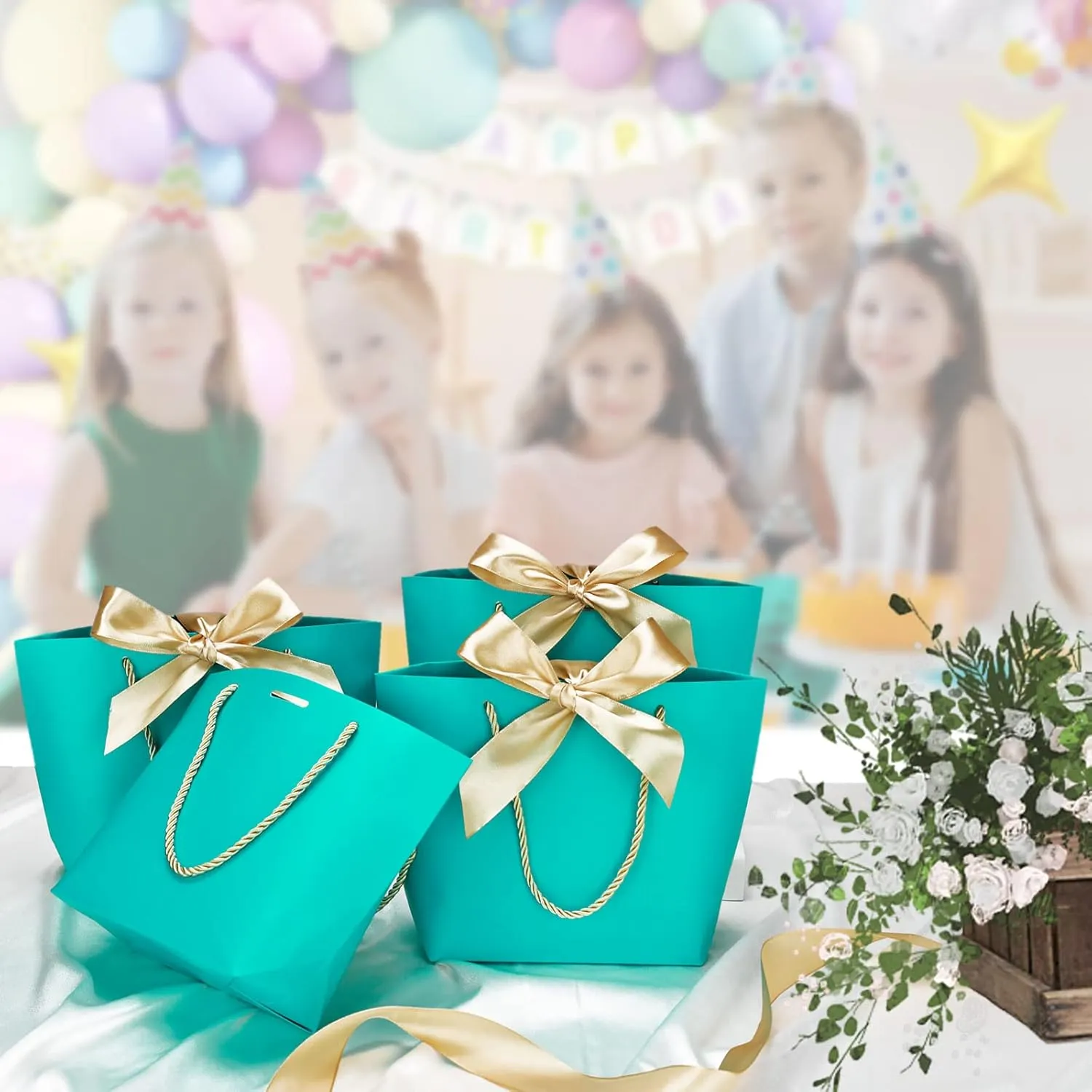 HUAPRINT Gift Bags with Handles,7.48×3.54×7.9 inches,Party Favor Bags with Bow Ribbon,12Pcs Teal Blue Paper Bags for Birthday Wedding Bridesmaid Holiday