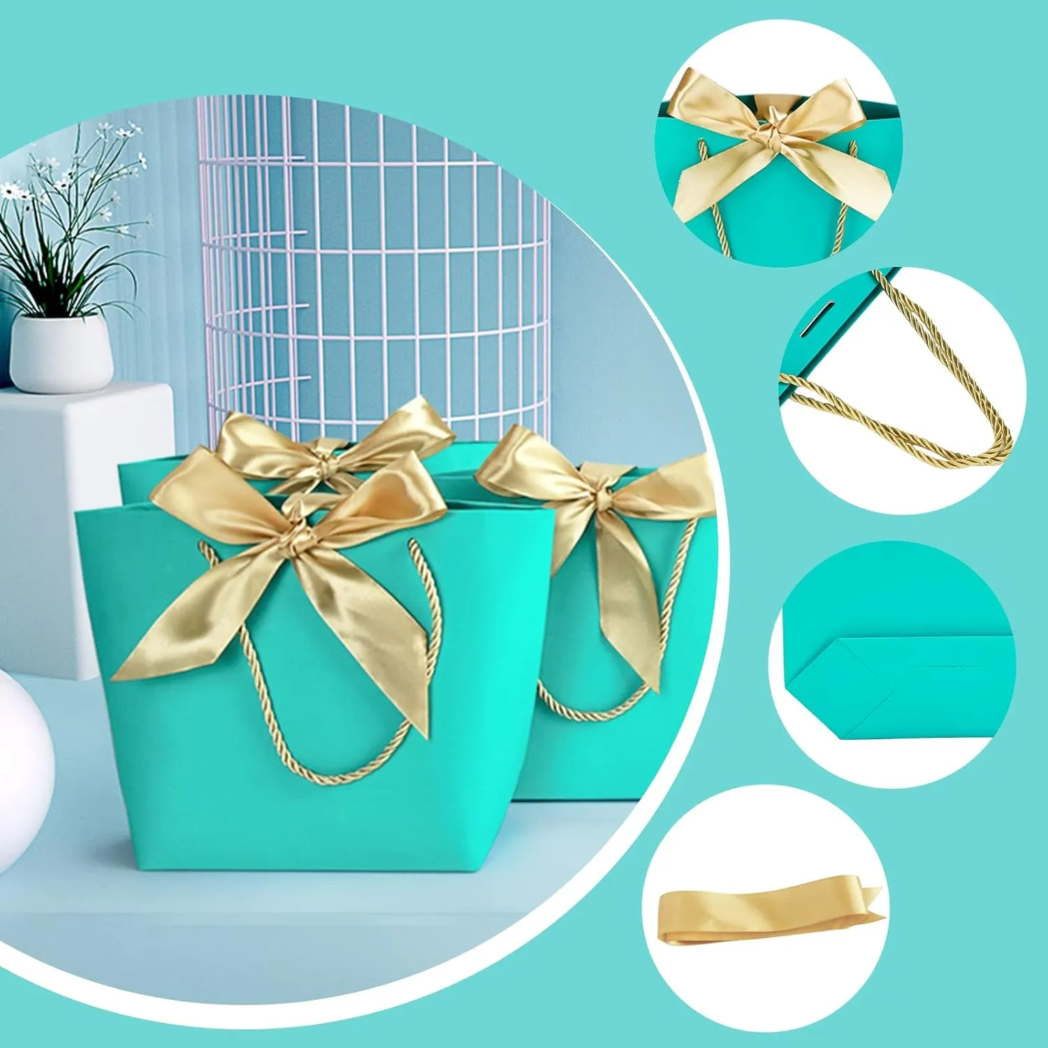 HUAPRINT Gift Bags with Handles,7.48×3.54×7.9 inches,Party Favor Bags with Bow Ribbon,12Pcs Teal Blue Paper Bags for Birthday Wedding Bridesmaid Holiday