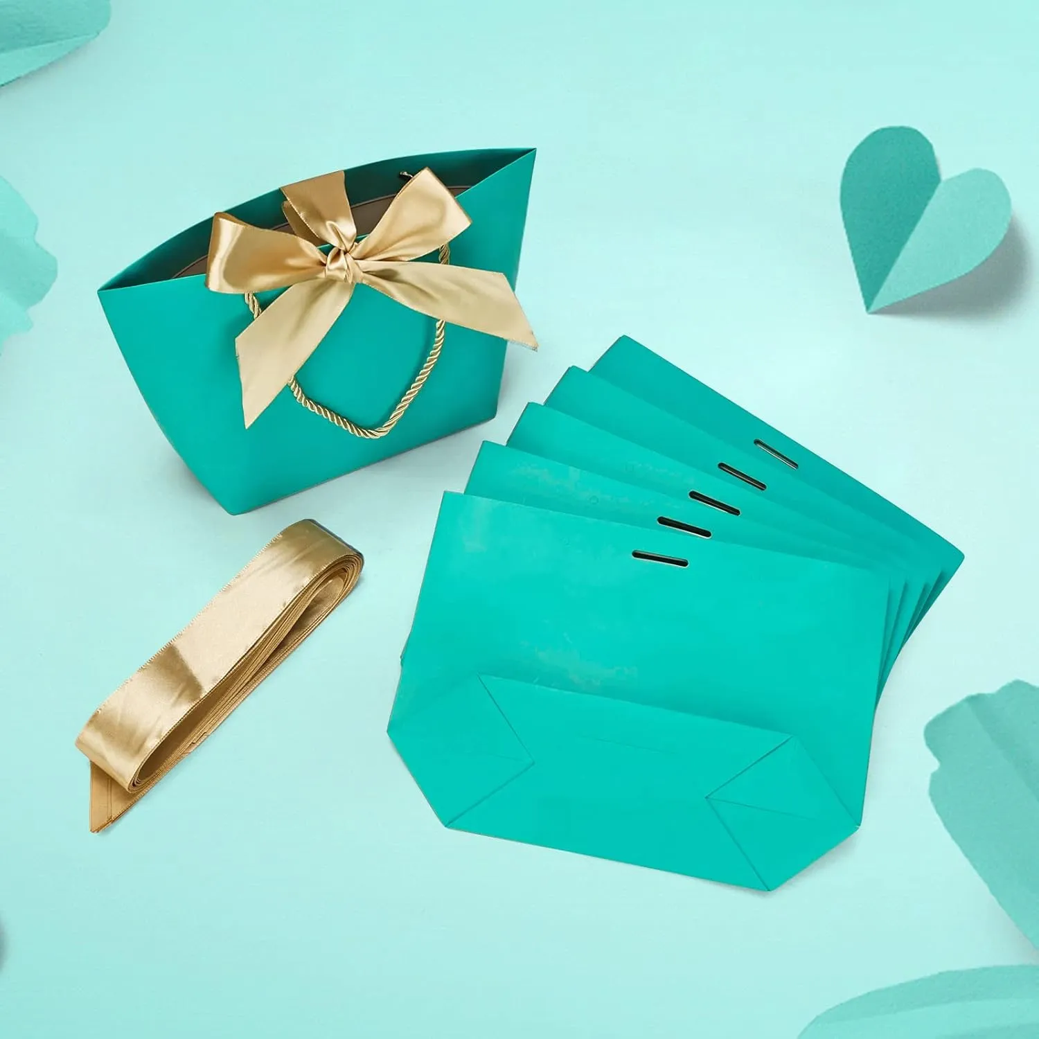 HUAPRINT Gift Bags with Handles,7.48×3.54×7.9 inches,Party Favor Bags with Bow Ribbon,12Pcs Teal Blue Paper Bags for Birthday Wedding Bridesmaid Holiday