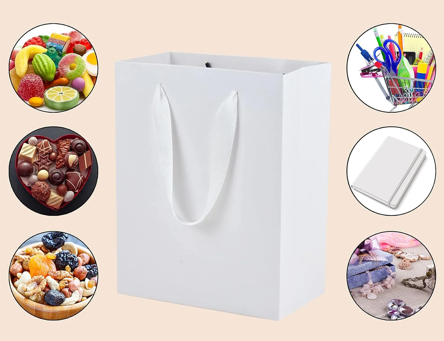 HUAPRINT White Paper Bags,White Gift Bags,Shopping Bags with Handles,20 Pack Small Gift Bags,7x4x9inch,Retail Bags,Party Favor Bags,Merchandise Business Bags,Wedding Bags