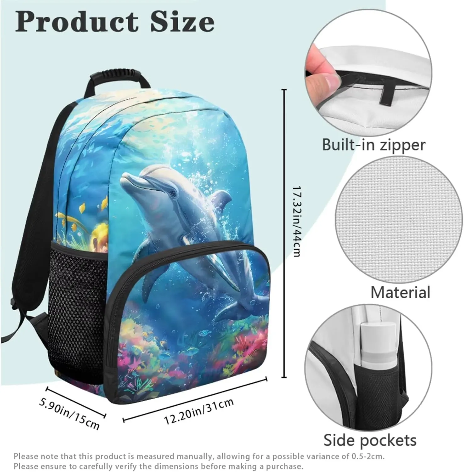 HUGS IDEA 3d Dolphin Girls Backpack for Middle School Girls School Bag with Lunch Box 4 Pcs Set Cute Animal Bookbag for Elementary Girls Casual Knapsack Set with Reusable Lunch Bag