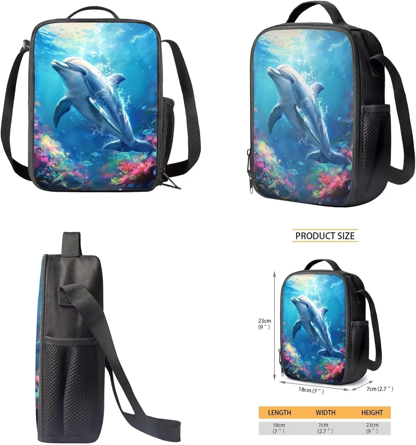 HUGS IDEA 3d Dolphin Girls Backpack for Middle School Girls School Bag with Lunch Box 4 Pcs Set Cute Animal Bookbag for Elementary Girls Casual Knapsack Set with Reusable Lunch Bag