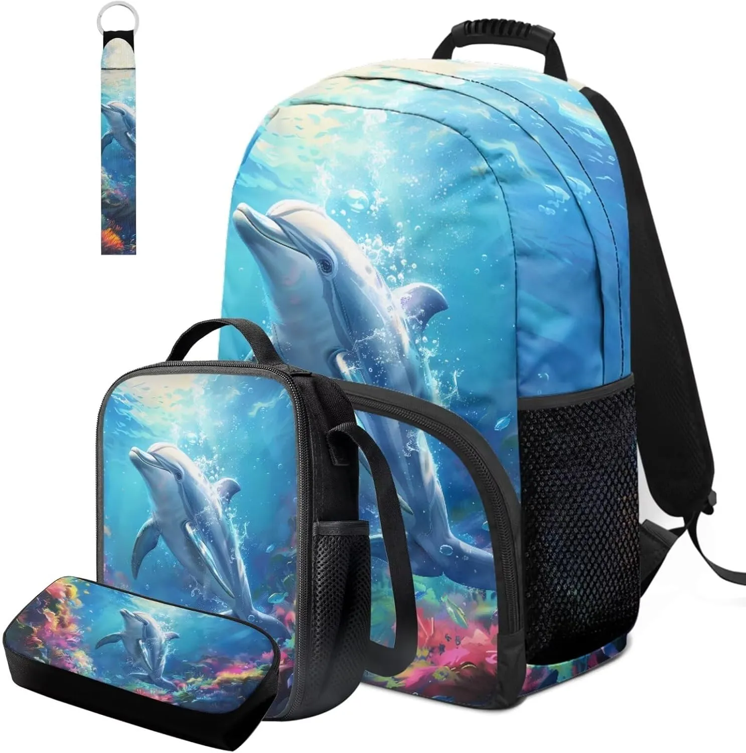 HUGS IDEA 3d Dolphin Girls Backpack for Middle School Girls School Bag with Lunch Box 4 Pcs Set Cute Animal Bookbag for Elementary Girls Casual Knapsack Set with Reusable Lunch Bag