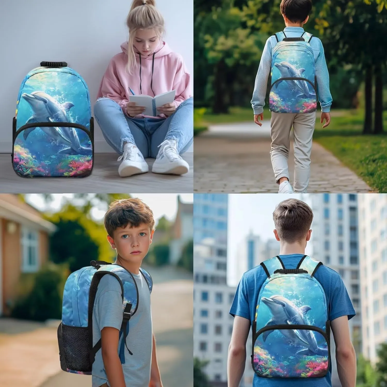 HUGS IDEA 3d Dolphin Girls Backpack for Middle School Girls School Bag with Lunch Box 4 Pcs Set Cute Animal Bookbag for Elementary Girls Casual Knapsack Set with Reusable Lunch Bag