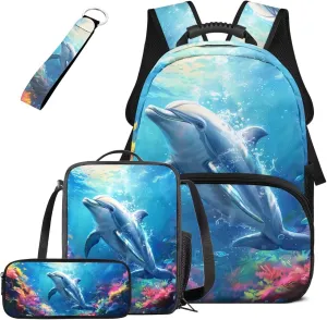 HUGS IDEA 3d Dolphin Girls Backpack for Middle School Girls School Bag with Lunch Box 4 Pcs Set Cute Animal Bookbag for Elementary Girls Casual Knapsack Set with Reusable Lunch Bag